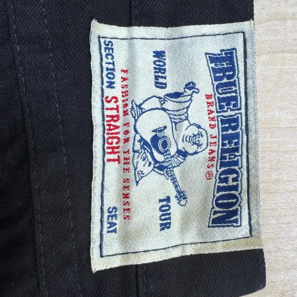 True Religion Black Ricky Straight Jeans Mens‎ Size 36x34 Flap Pockets